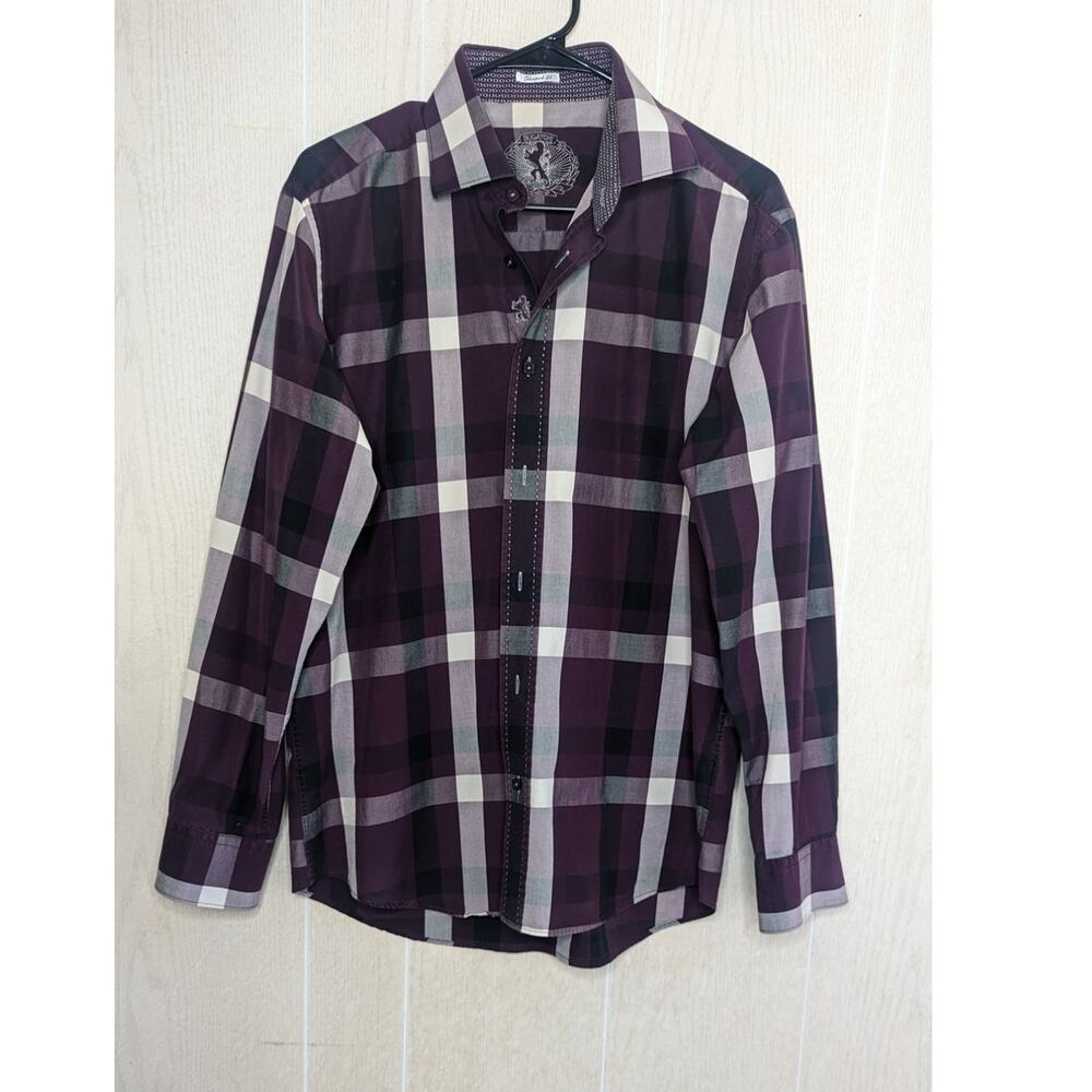 Bugatchi shaped fit men shirt check plaid print button down long sleeve size Med